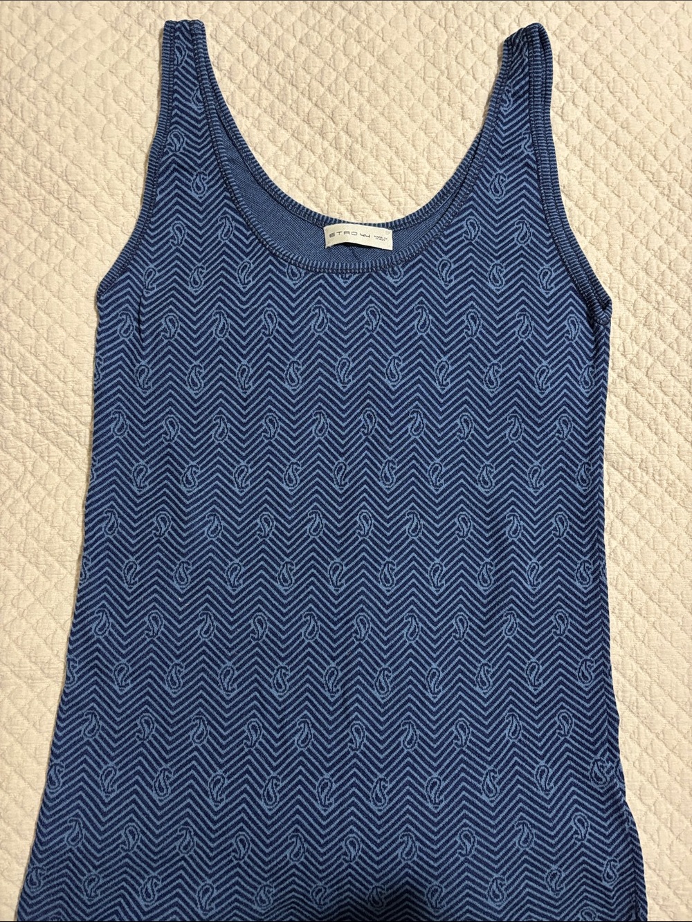 Etro Navy and Light Blue Paisley Chevron Tank